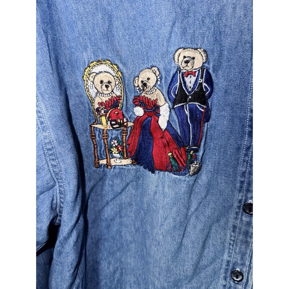 Quizz Woman Shirt Womens Sz 18 XL Blue Denim Teacher Teddy Bear Embroidered Top - Picture 4 of 8